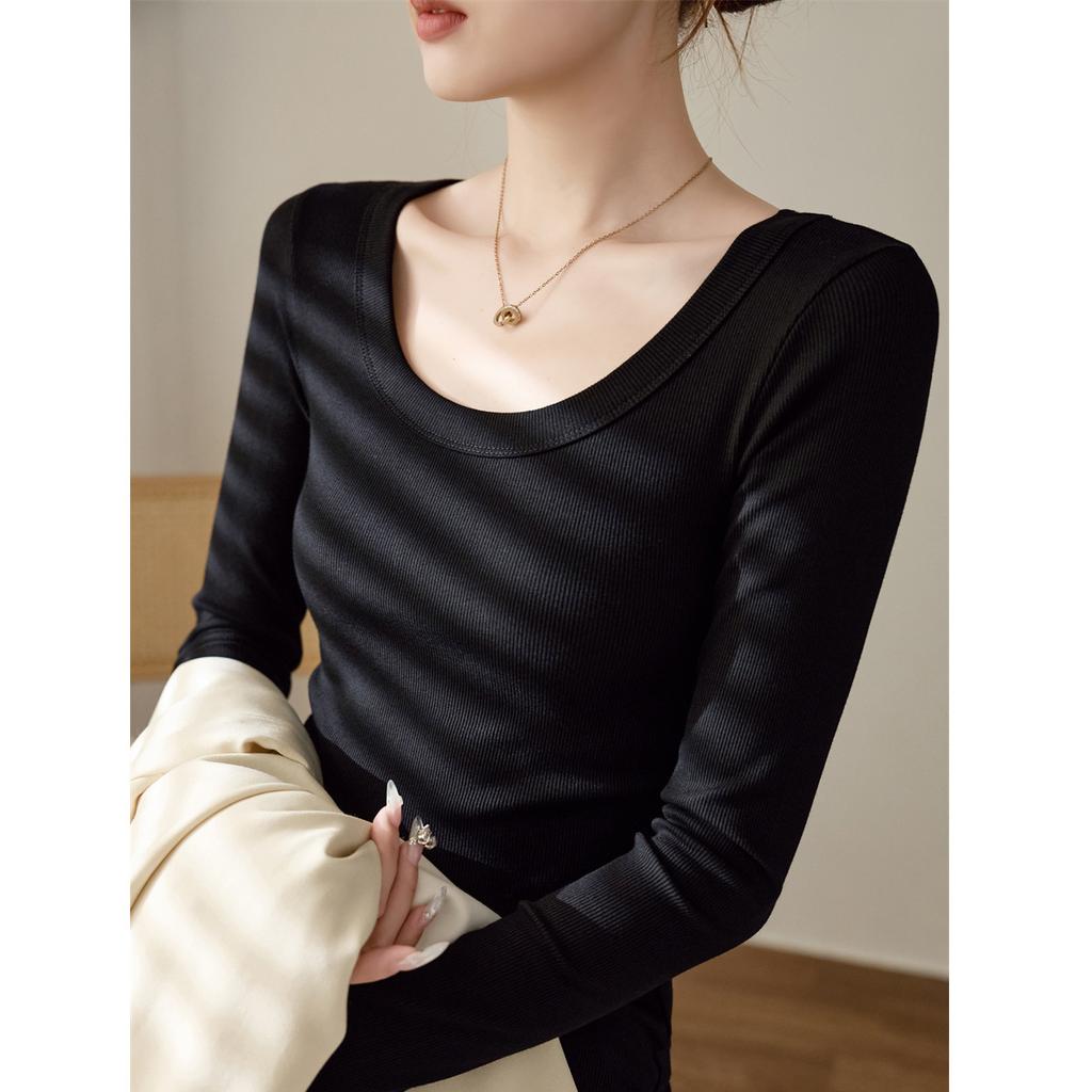 Отличная хлопковая нить U-образный воротник длинный рукав футболка женская новая осень и зима утягивающий топ базовая рубашка Корея