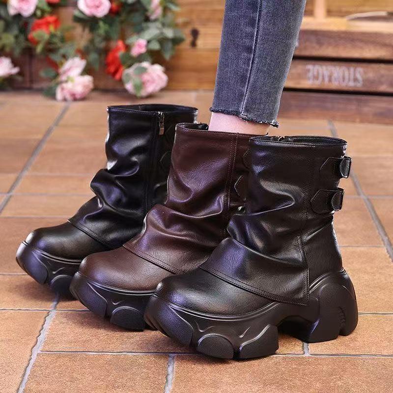 Fall/Winter High Top Booties Fashion Round Toe Metal Buckle Side Zip Platform Versatile Pant Boots