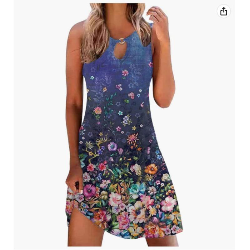VEZFAA Женская мода лето весна цветочный узор печати без рукавов с круглым вырезом свободная талия повседневные платья