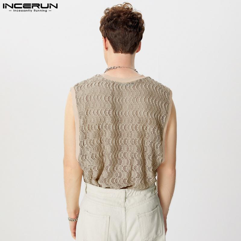 INCERUN Мужские сетчатые майки без рукавов с кружевным лоскутным узором, летний жилет