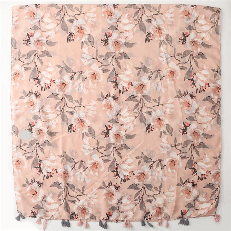 Four Seasons Soft Cotton And Hemp Texture Silk Scarf Women'S Word Pattern Pink Grey Flower Tassel Travel Shawl