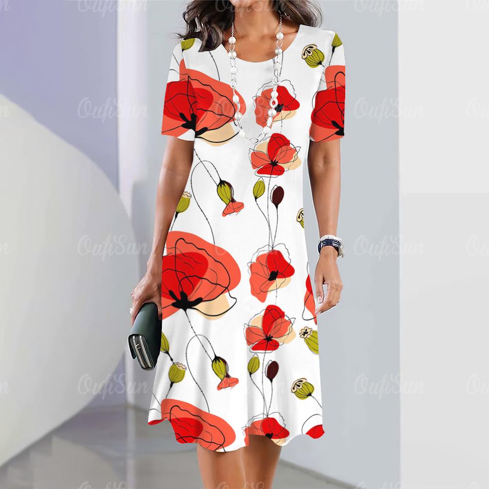 2025 New Ladies Floral Print Summer Elegant Dress Round Neck Short-sleeved Dress Fashion Oversized Clothes