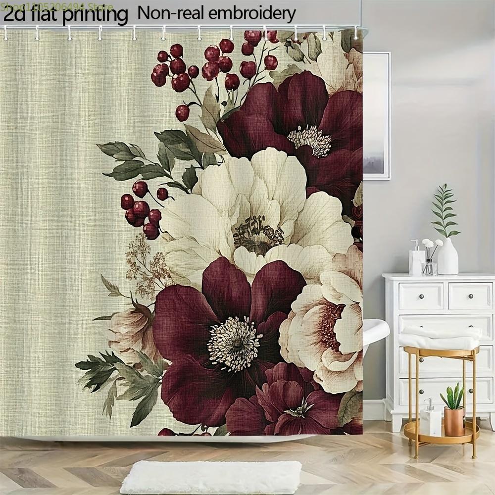 1 шт. 71x71 дюйм Цветочная шторка для душа - Большие бордовые и кремовые цветы с зелеными листьями, Полиэстер, стираемый в машине, Элегантная B