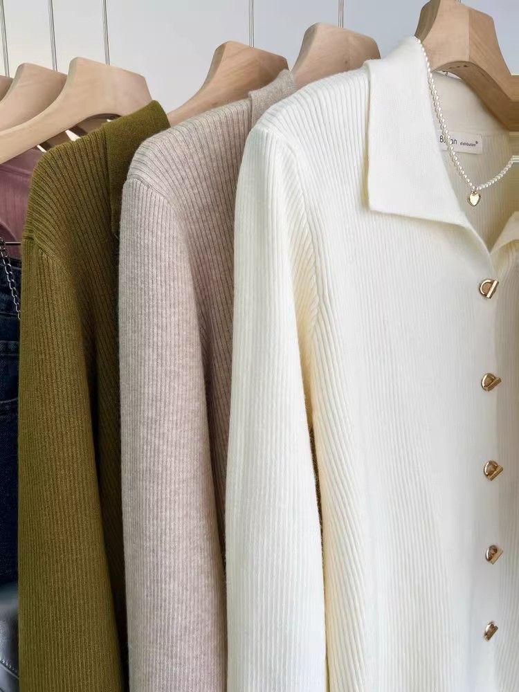 Французский элегантный лацкан вязаный свитер кардиган женский весна осень винтажная однотонная рубашка поло корейский шик под базовый слой одежды