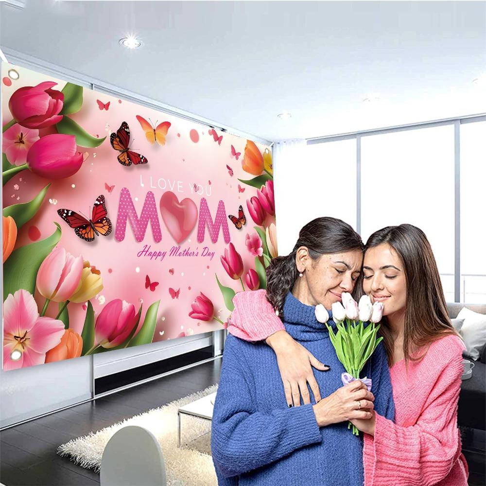 Pink Tulip Flower Background I Love You Best Mom Hanging Banner  Happy Mother’s Day Decor