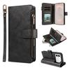 Imitation Calf Vegan Leather 9 Card Slots Zipper Phone Case with Wrist Strap