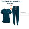 DIY Именная Вышивка Кастомизация Женская Униформа Быстросохнущая Ткань Однотонный V-образный Вырез Карман Короткий Рукав Брючный Костюм Рабочая Одежда для Няни