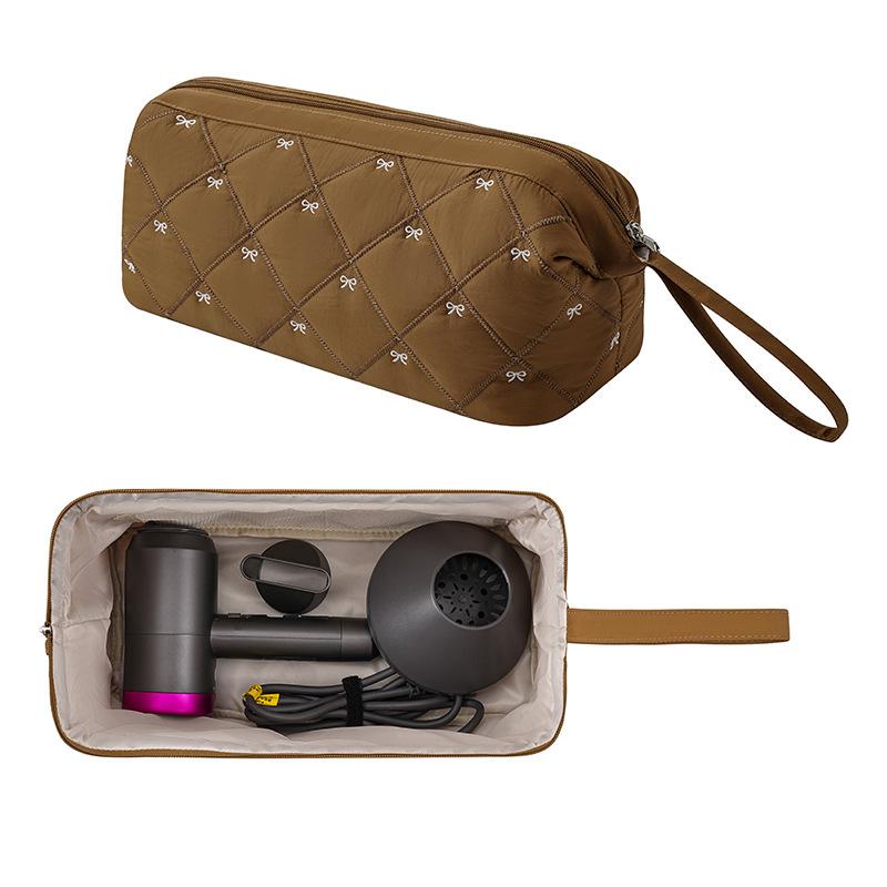 Women Hair Dryer Storage Bag For Travel Cute Bow Embroidery Quilted Hair Tools Waterproof Zipper Cosmetic Bags