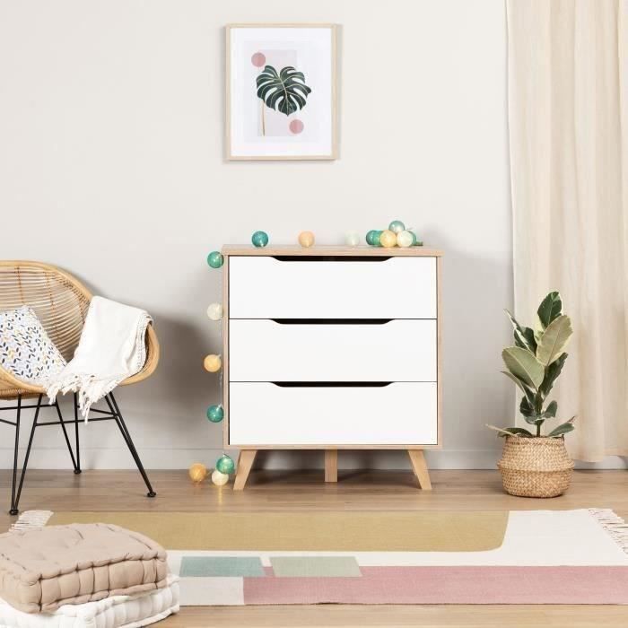 Commode VANKKA 3 Tiroirs - Décor chene et blanc - Scandinave - L 80 x P42 x H86,3cm