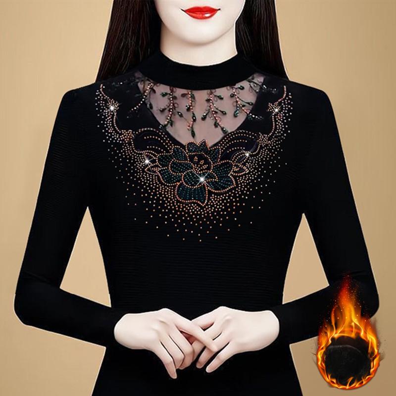 New Spring Heavy Industry Hot Diamond Plus Velvet Thickened Base Shirt for Women