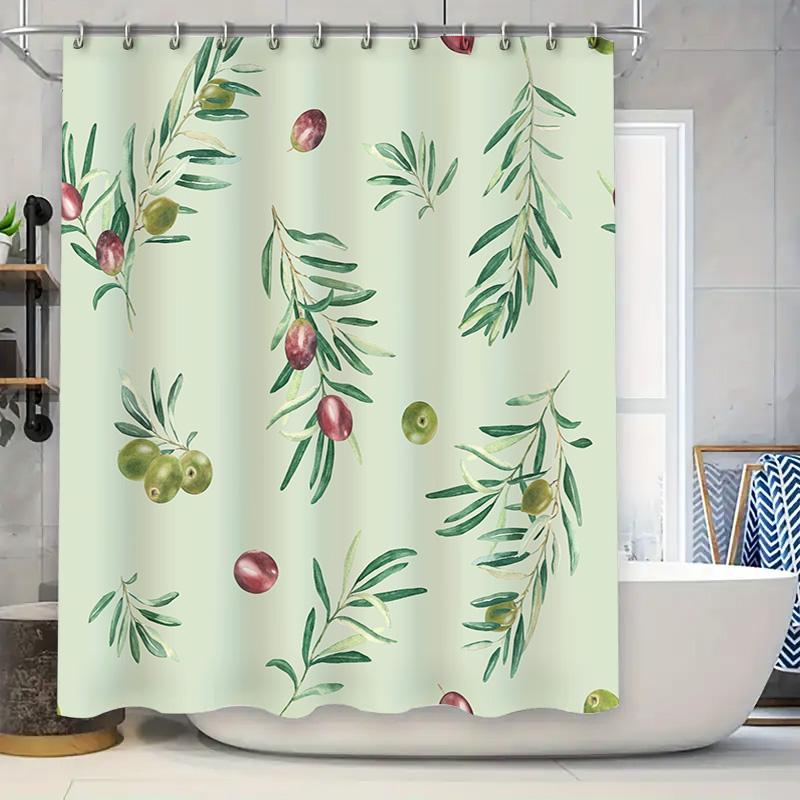 Green Leaves Bath Shower Curtain Olive Branch Waterproof Fabric Wall Hanging Decorative White Green Red Colors Pattern Design Pe