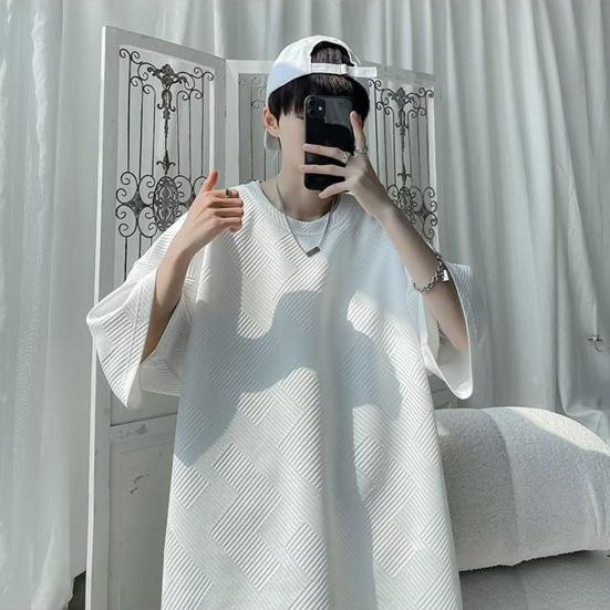 Летняя мужская футболка с круглым вырезом, свободная средней длины, сплошной цвет, вафельная текстура, плюс размер, половина рукава, уличная одежда в японском стиле, топ на открытом воздухе