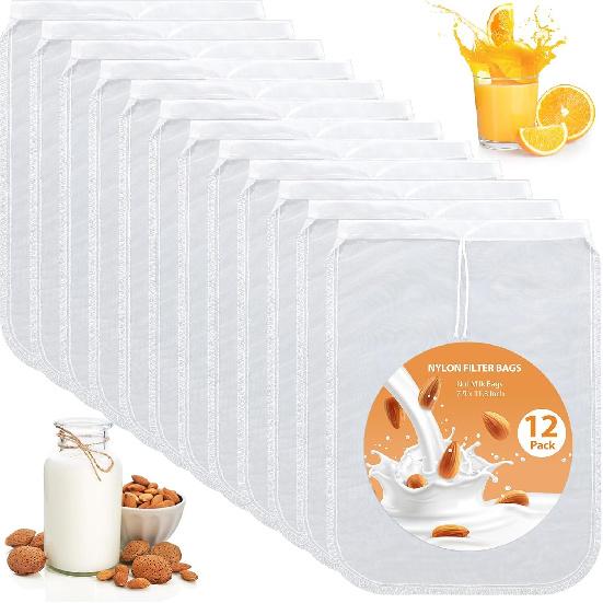 Tudomro 12 шт. Мешочек для орехового молока Многоразовый Безопасный для пищевых продуктов Нейлоновый мешок-сито Сетка для орехового молока для процеживания Миндаля, Кофе, Соков, Йогурта, Супа и Тофу, 7,9 x 11,8