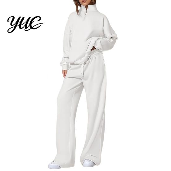 Athleisure Wear for Women 2Pcs/Set Oversized Loungewear, Quarter Zipper Sweatsuit Long Pants Set, Loose Tracksuit Fit Sleeve Pullover Jogger