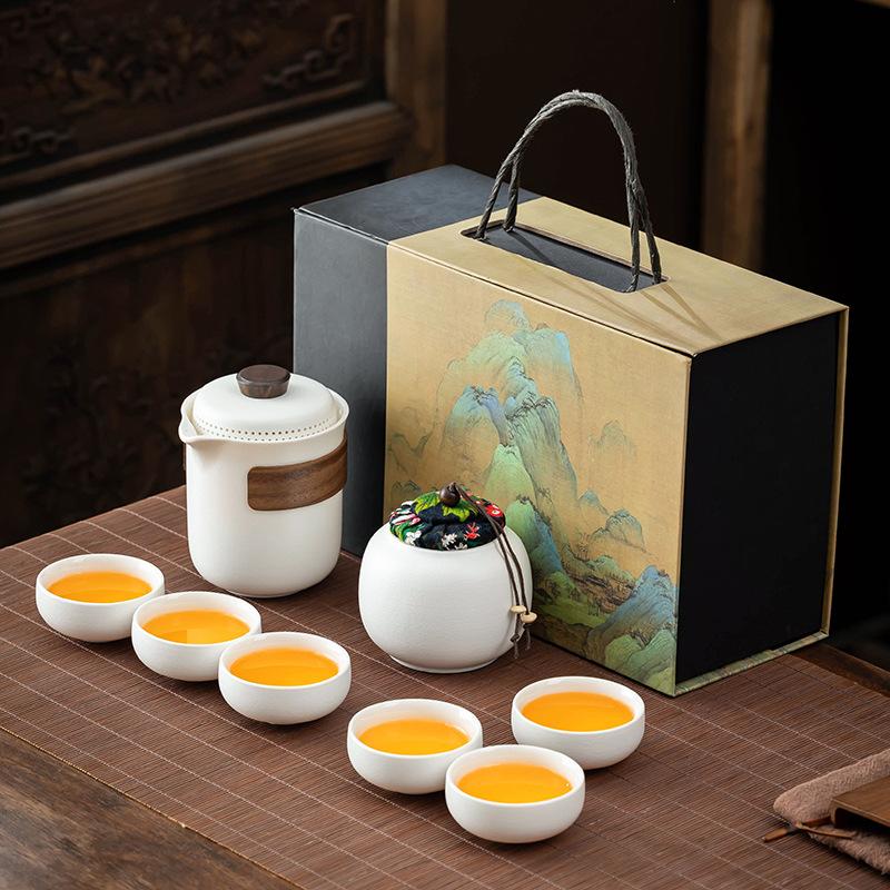 Coarse pottery Lingxue tea set, home living room office tea travel portable set, festival gift printing