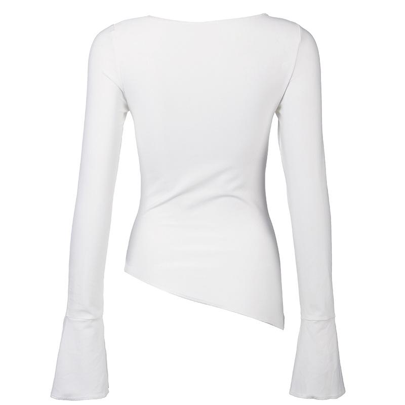 Spicy Girl Basic Knitted Slim Fit Round Neck Letter Printed Slit Long Sleeved T-shirt for Women