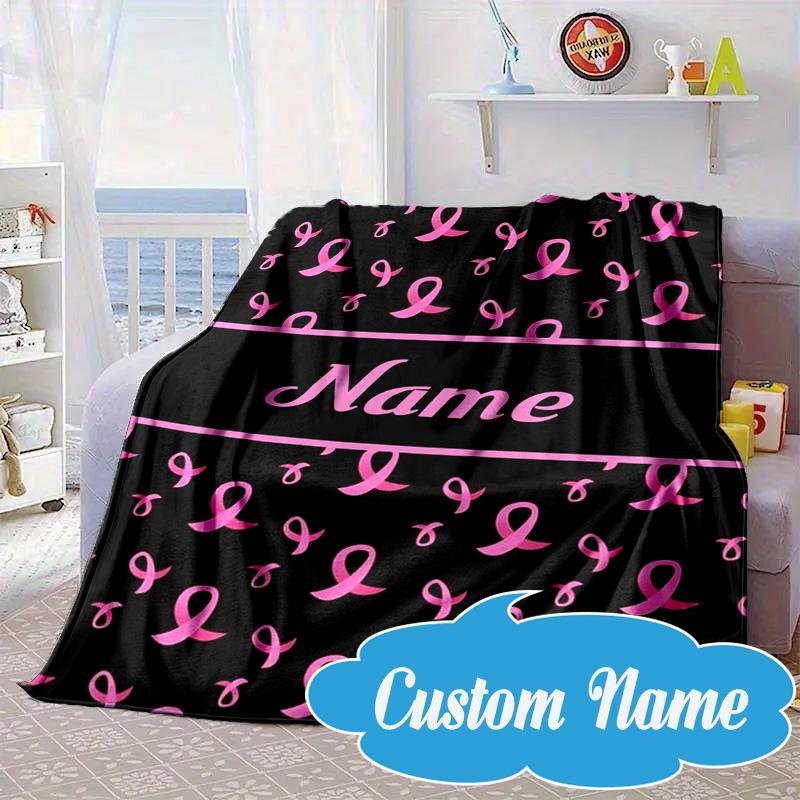 Custom Name Pink Ribbon Courage Blanket bed sofa Blanket Flannel Blanket for Camping, Hiking, Picnic Essentials,gift for Fan family