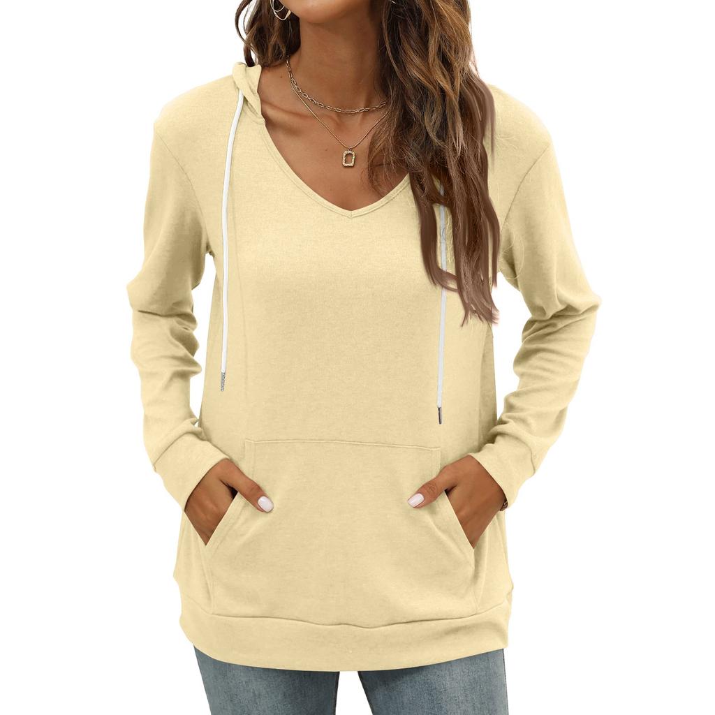 Women's Fashion Casual V Neck Long Sleeve Solid Color Pocket Drawstring Hooded Top