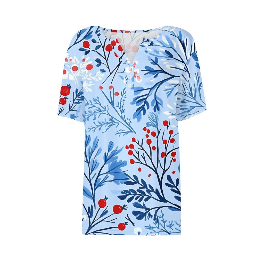 Женская мода повседневная винтажная цветочная печать V-образный вырез короткий рукав декоративная пуговица футболка топы