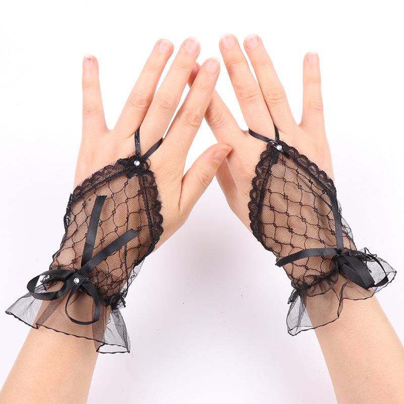 Gothic Short Black Gloves Female Harajuku Lace Bridal Wedding Halloween Lolita Dress Net Gauze Bow Hand Sleeve Fishnet Gloves