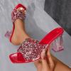 Shiny Sequins High Heel Slippers for Women Summer Fashion Square Toe Transparent Heeled Sandals Woman Gold Silver Glitter Slides