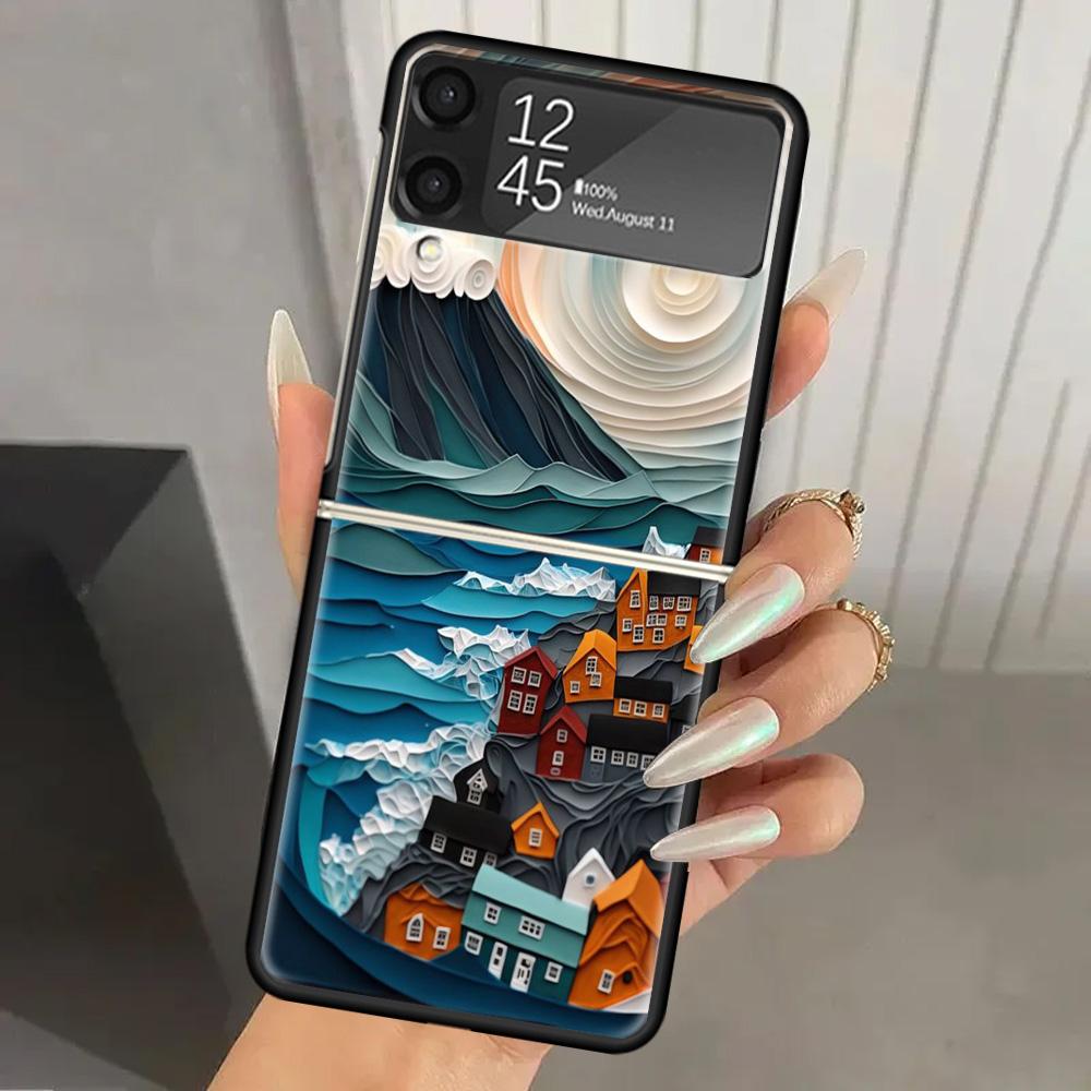 Natural Trees in Mountain Ranges Hard PC Phone Case For Samsung Galaxy Z Flip 7 6 5 4 3 Black ZFlip7 ZFlip6 Flip5 Flip4 Flip3 5G