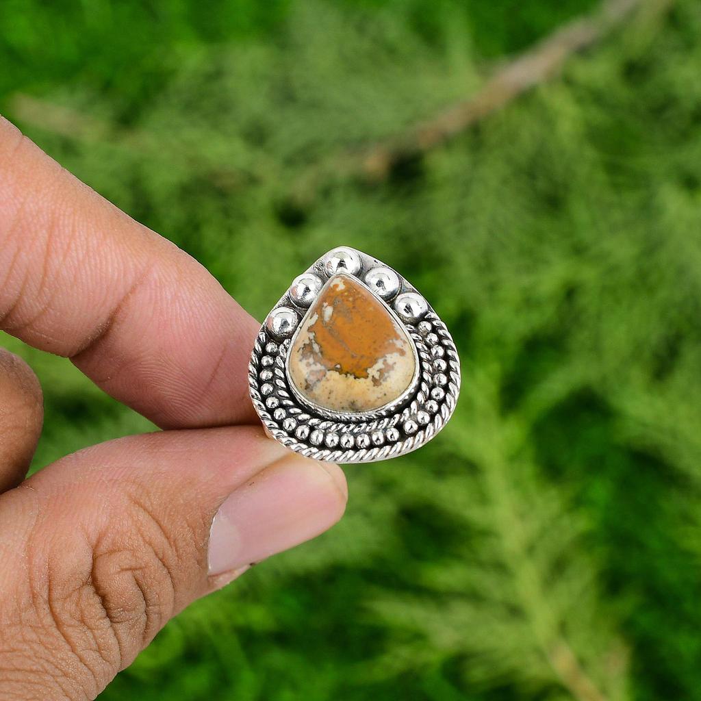 Pear Picture Jasper Gemstone Statement Birthday Mother Boho Ring Sterling Silver