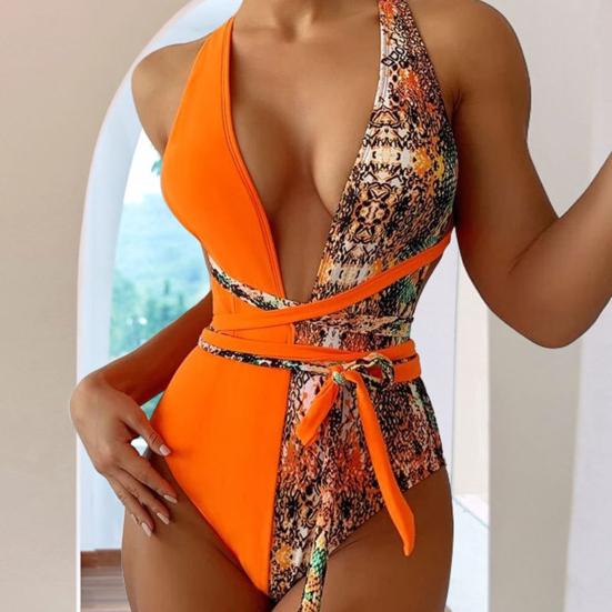 Deep V-neck Long Bandage Padded Sexy Monokini Women Snakeskin Patchwork Print
