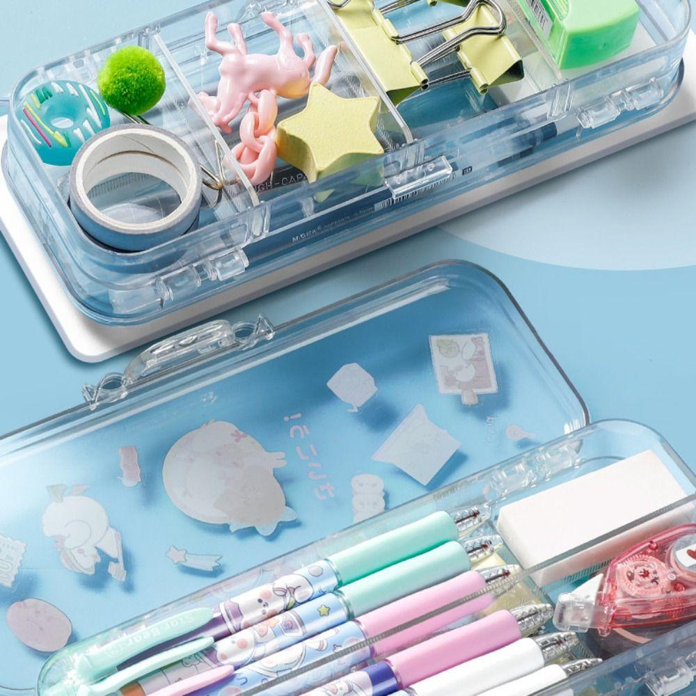 Large Capacity Transparent Pencil Case Plastic with Rulers Stationery Storage Box Space-Saving Stackable Sketch Pen Bag School