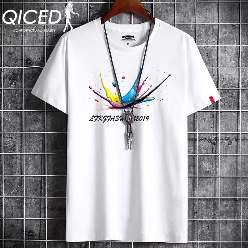 QICED Летняя футболка с короткими рукавами, мужская футболка с круглым вырезом и трендовым низом