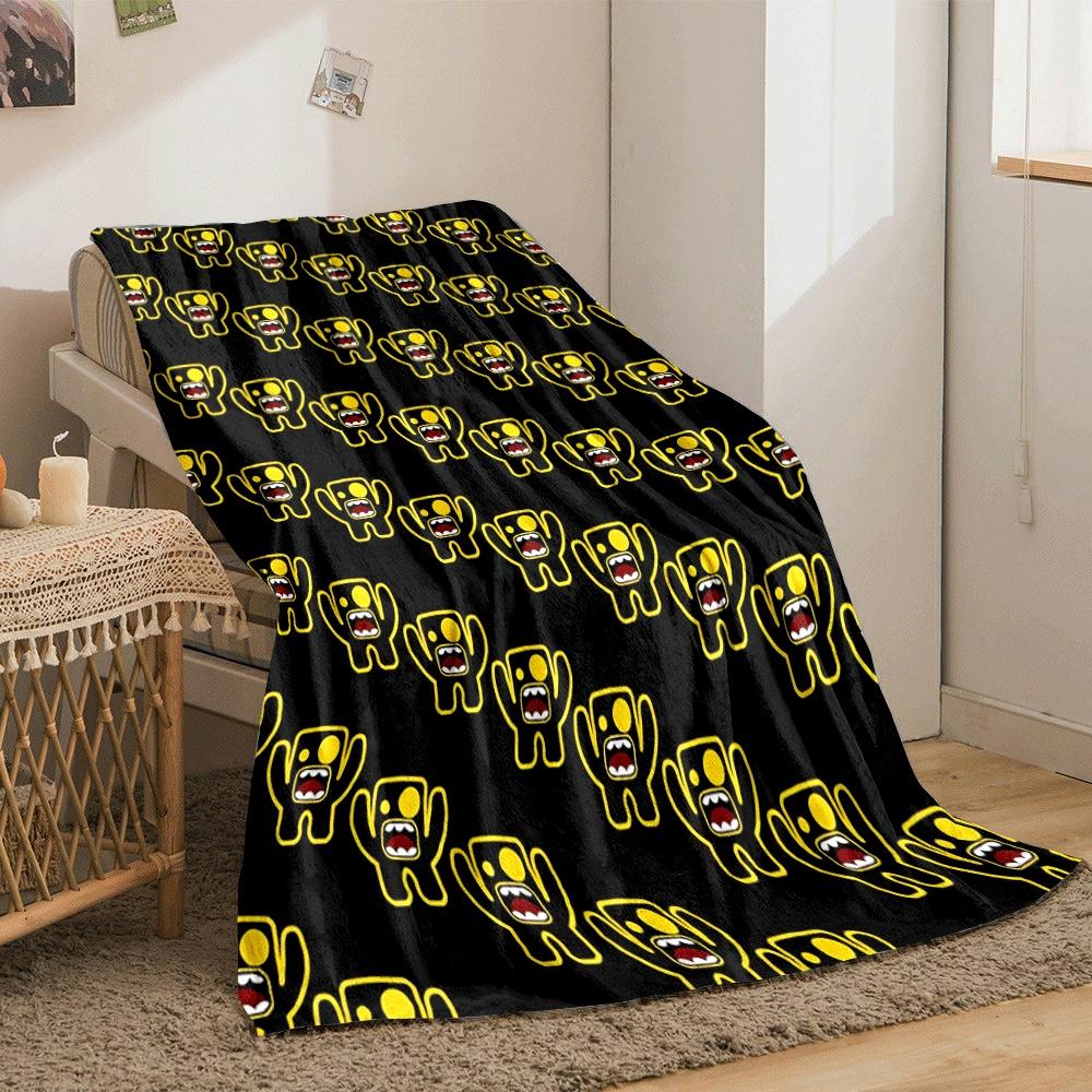 Yellow outlined monsters with open mouths repeating on black background. for all seasons blanket lunch break throw gift