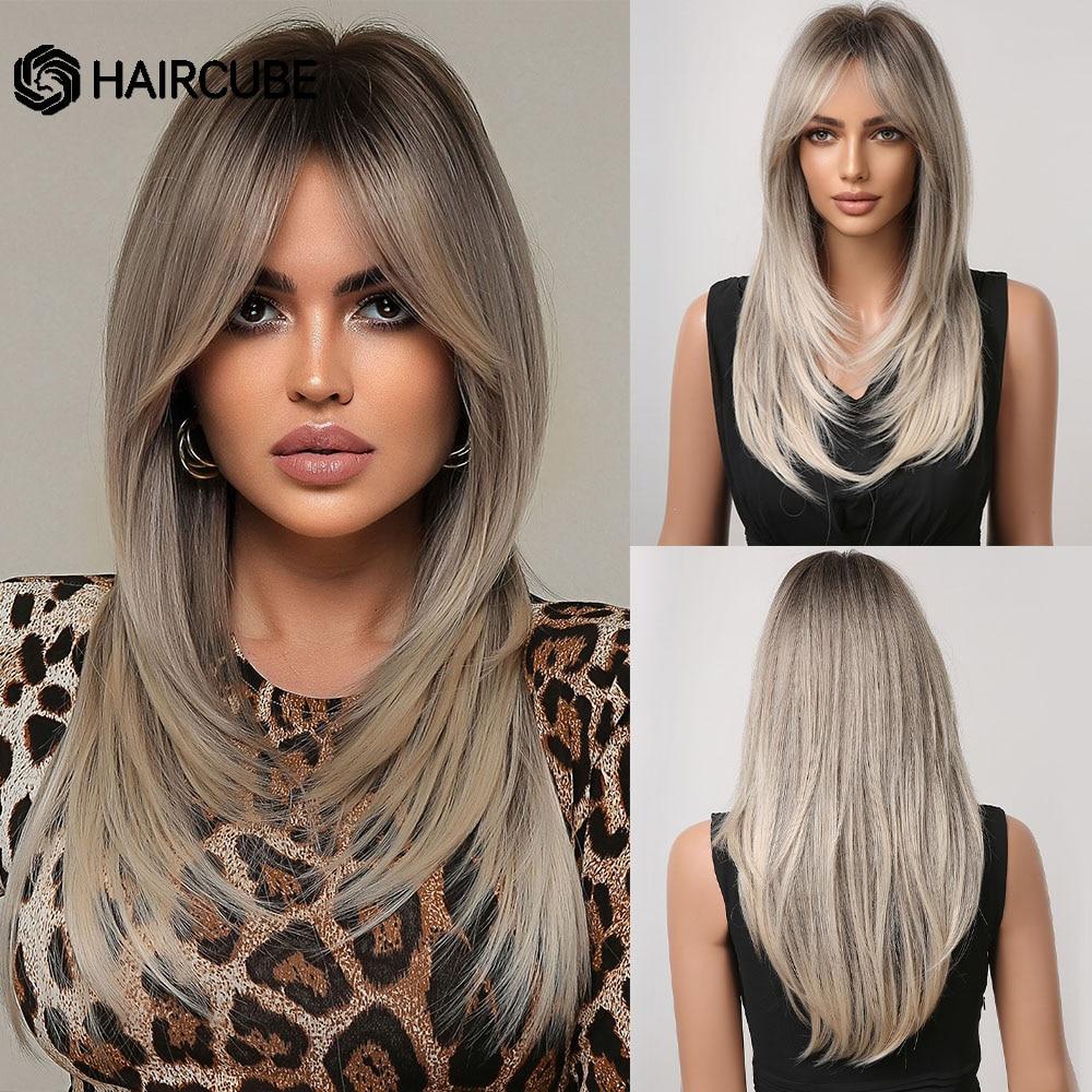 HAIRCUBE Длинные прямые синтетические парики Коричневые смешанные белые светлые многослойные парики для чернокожих женщин Термостойкие парики для косплея