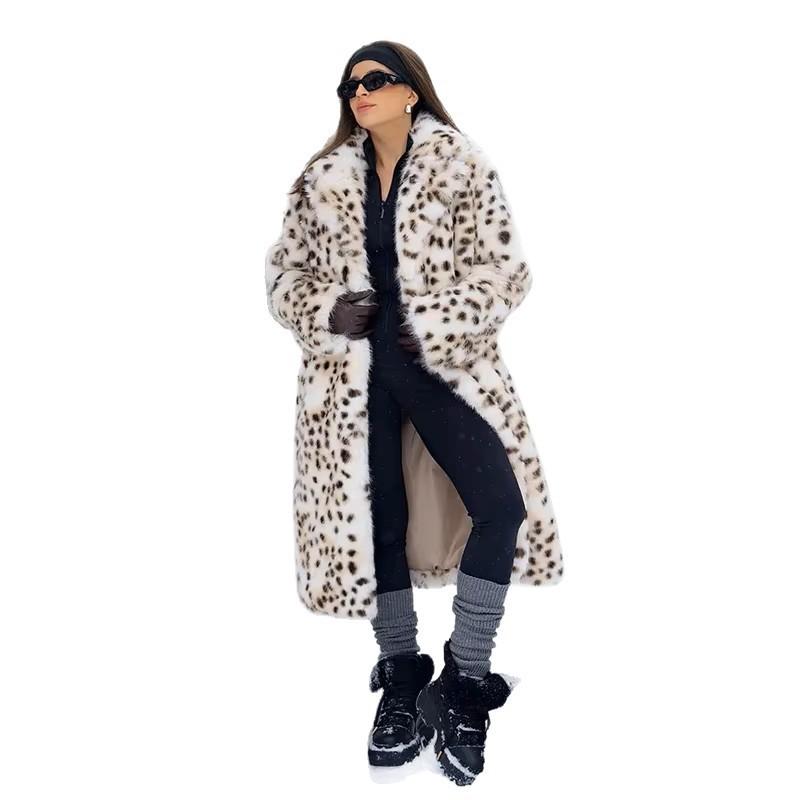 Womens Winter Faux Fox Fur Long Coat Leopard Print Loose Fit Street Style