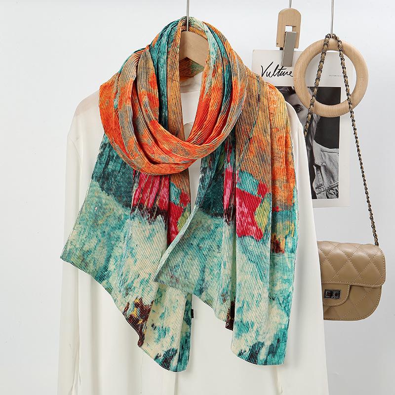 Art Print Wrinkle Pashmina Soft Satin Scarf Large Shawl Wrap