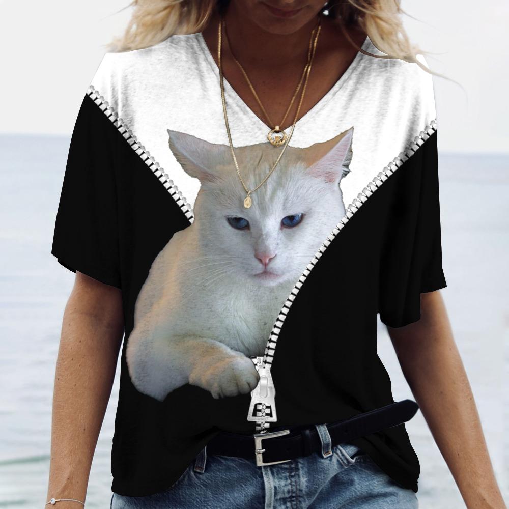Футболка с 3D принтом кота, женские футболки большого размера с v-образным вырезом, топы, женские повседневные модные футболки с короткими рукавами, уличная одежда, женская одежда Y2k
