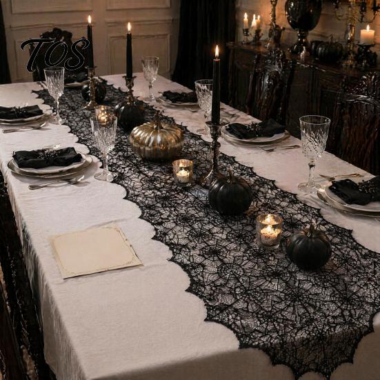 Versatile Coffee Table Runner Spider Web Runner, Black Lace Gothic Cobweb for Halloween Dining Decoration Spooky Home