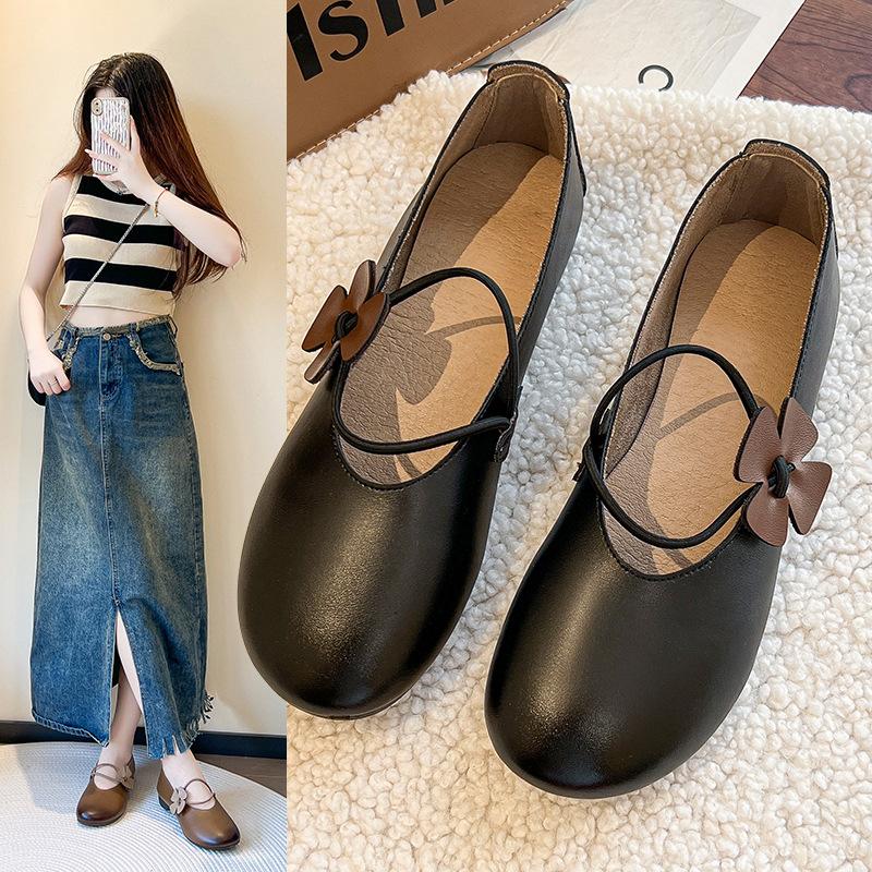 Мягкие подошвы Мягкая поверхность Маленькие кожаные туфли Женские 2024 Осень Новые универсальные женские туфли Doudou на низком каблуке