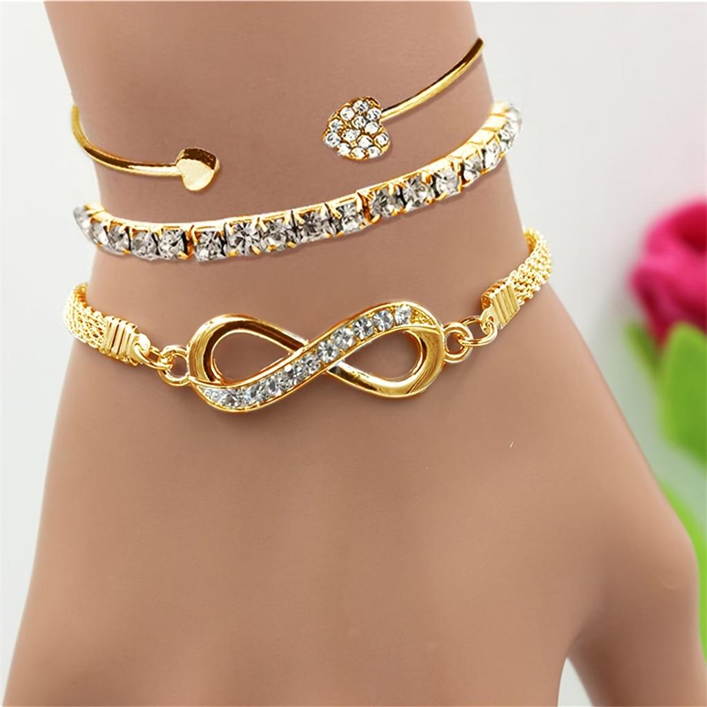 3 Pcs Ladies' Bracelet Set Stylish and Elegant Rhinestone Infinity Symbol Tennis Chain Clasp Bracelet Set An Ideal Gift for Your Best Friend