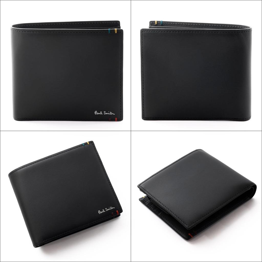 Paul Smith Highlight Stitch SS24 Bifold Wallet with Coin No Name 813006 P854 Wrapping Purse, Black, Engraving, (Gift Available)