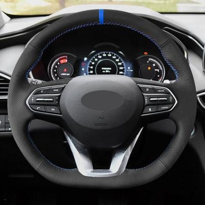 Кожаная оплетка руля DIY с черно-синей строчкой для Hyundai Santa Fe -
