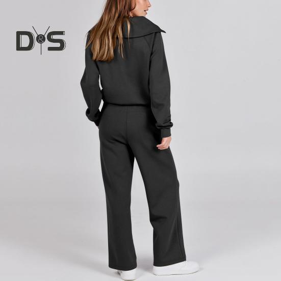 2 Pcs/Set Fall Winter Coat Trouser Suit Lapel Solid Color Thick Loose Solid Color Zipper Decor Long Sleeve Wide Leg Drawstring Elastic Waist Lady