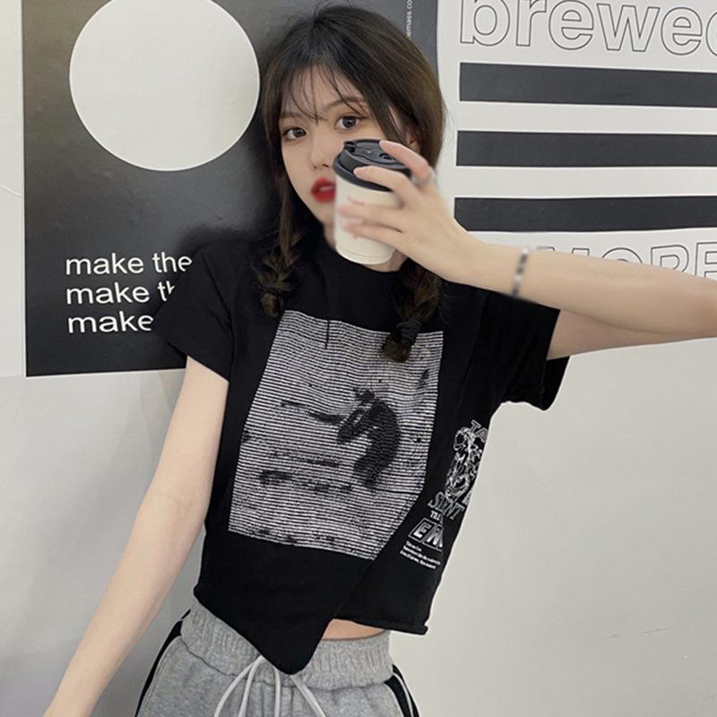 Короткая футболка с нерегулярной строчкой, женские летние топы с короткими рукавами и буквенным принтом, женские футболки