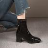 Fashion Brand Women Shoes 2024 New Black Patent Leather Fashion Square Toe Women's Boots  Thick Heel Ladies High Heel Ankle Boots