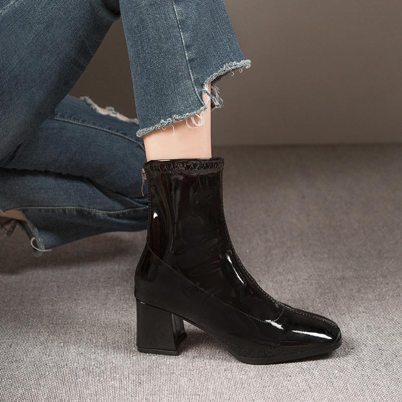 Fashion Brand Women Shoes 2024 New Black Patent Leather Fashion Square Toe Women's Boots  Thick Heel Ladies High Heel Ankle Boots