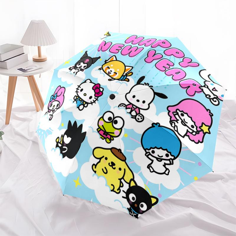 1pc Hello Kitty Happy New Year Automatic Opening/Closing Umbrella - Portable Three-Fold Design with 8-Bone Iron Frame - Outdoor, Gift for Fans, Travel