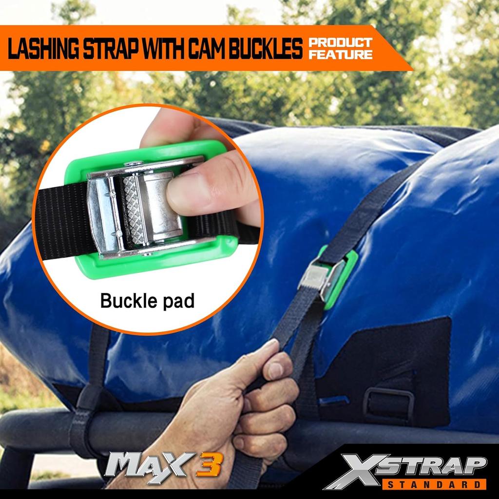 XSTRAP STANDARD Мягкая пряжка-фиксатор с кулачковым замком 6 шт. 8 футов Ременные стяжки для мотоспорта, Черные стяжные ремни, Поставляются с мешком на шнурке, Для крепления груза, багажа,