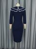 Vintage Navy Blue Bodycon Midi Dress with Contrast Trim Lapel Collar and Belt Elegant Plus Size Party Dresses for Women Formal Office Wear