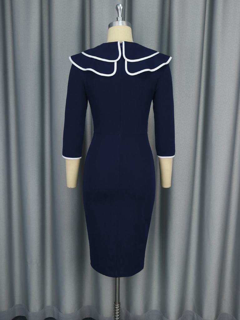 Vintage Navy Blue Bodycon Midi Dress with Contrast Trim Lapel Collar and Belt Elegant Plus Size Party Dresses for Women Formal Office Wear