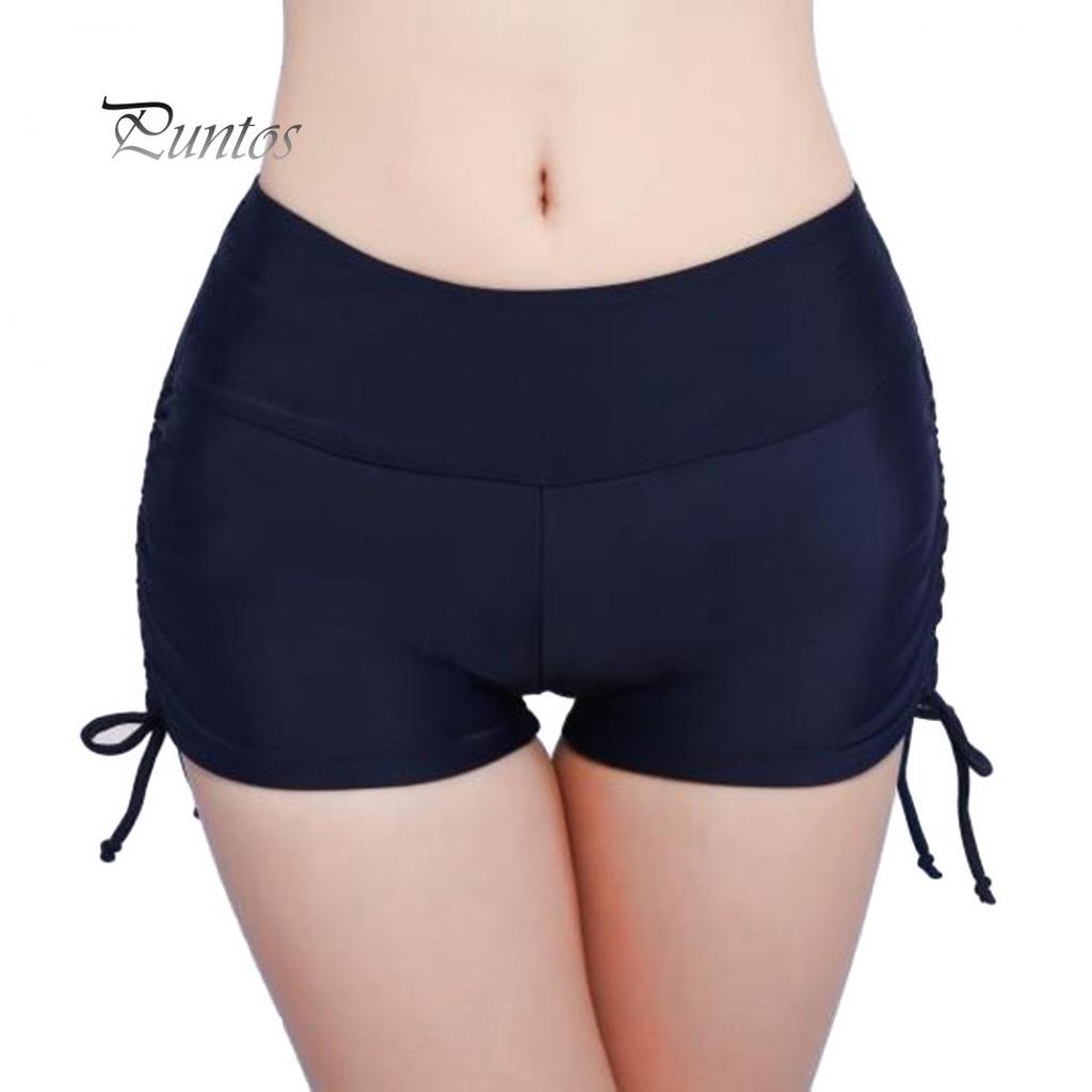 Global Selling Women Solid Color Bikini Bottom Side Pleated Bandage Swim Shorts