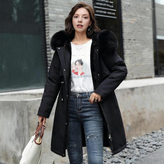 Women's Fleece Lined Parka Thicken Fuzzy Faux Fur Hooded Down Jacket with Pockets Winter Warm Drawstring Sherpa Coat